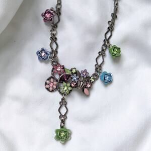 Vintage Silver Metal Necklace With Colorful Flowers Rhinestones